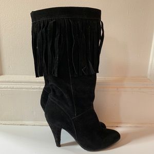 Women’s suede fringe black boot heels